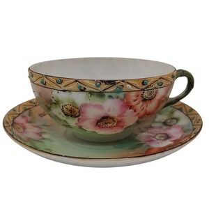 Nippon Hand Painted Teacup and Saucer Floral Delicate Bone China Circa 1891-1921